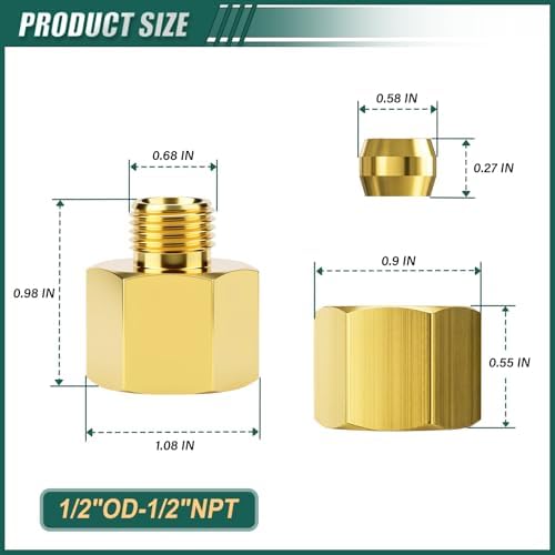 5PCS Brass Compression Tube Fitting, 1/2" OD x 1/2" NPT Female