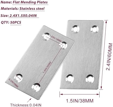 50PCS Flat Metal Brackets, 2.36" 304 Stainless Steel Mending Plates