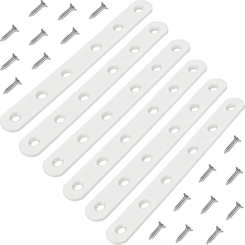 6 Pack White Flat Brackets, 6 Inch Straight Brace Mending Plate with Screws