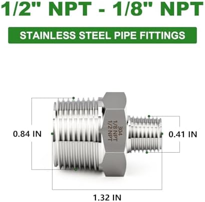 TAISHER 2PCS Forging of 304 Stainless Steel Reducer Hex Nipple, 1/2" NPT Male x 1/8" NPT Male Pipe Fitting