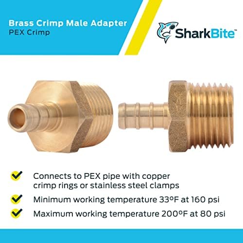 SharkBite 3/8 x 1/2 Inch Crimp MNPT Male Adapter, Pack of 10, Brass Plumbing Fitting, PEX Pipe, Copper, UC118LF