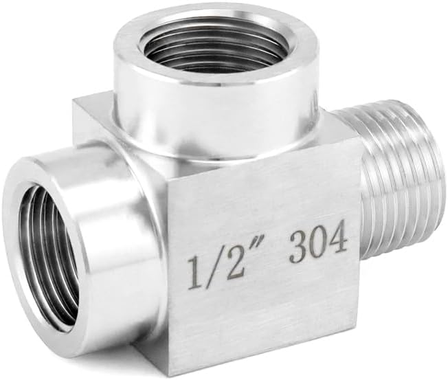QWORK Stainless Steel Pipe Fitting - 304 Grade, Street Tee, Male Run Tee, 1/2" NPT Male x 1/2" NPT Female x 1/2" NPT Female