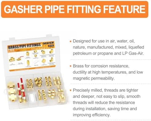 GASHER 48PCS 1/4"NPT Brass Pipe Fittings Kit，Coupling，90 Degree Elbow，45 Degree Elbow，Nipple，Ball Valve，Plug，Tee，4 Way，Reducer Adapter