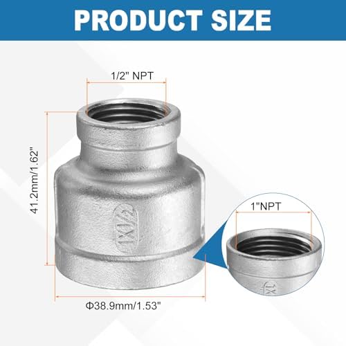 HARFINGTON Reducing Coupling 1"x1/2" NPT Female 304 Stainless Steel