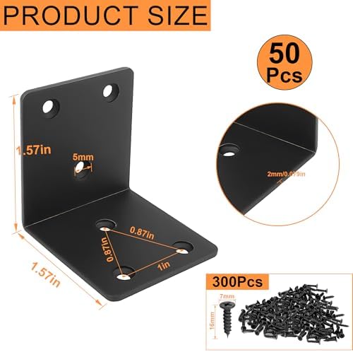 50PCS Black L Brackets Corner Bracket 1.5"x1.5"x1.5", Heavy Duty Corner Brace for Wood, Right Angle Brackets, 40MM 1.5Inch Wide 90 Degree Bracket for Wooden Frame Furniture Shelves Chairs