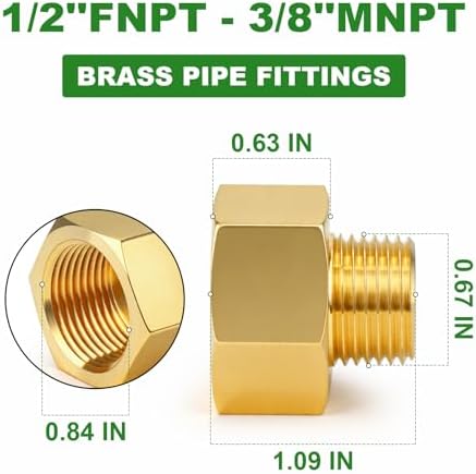 TAISHER 6PCS Brass Pipe Fitting, Reducer Adapter, 1/2" Female x 3/8" Male NPT Pipe