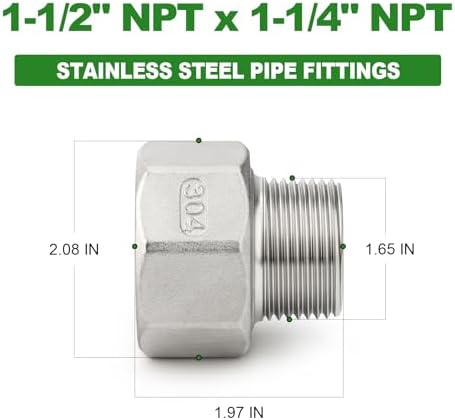 TAISHER 2PCS 304 Stainless Steel Pipe Fitting, Reducer Adapter, 1-1/4" NPT Male x 1-1/2" NPT Female