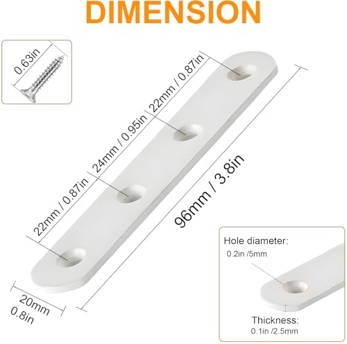 8 Pack 4 Inch Flat Bracket Straight Brace, White Stainless Steel Mending Plates, Heavy Duty Repair Brackets for Wood with Mounting Screws