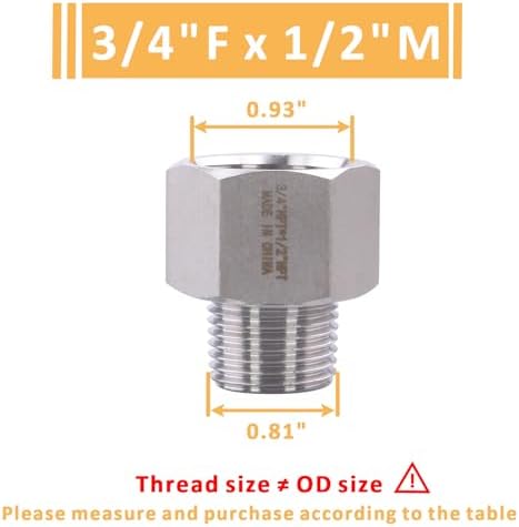 Forged Reducer Adapter Fitting - Stainless Steel 304 Reducing Pipe Connector, 3/4" NPT Female x 1/2" NPT Male (pack of 2)