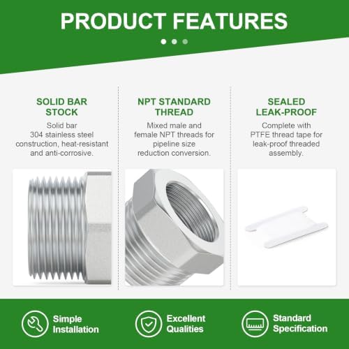TAISHER 1PCS Forging of 304 Stainless Steel Hex Bushing, 1-1/2" Male NPT to 1-1/4" Female NPT, Reducing Cast Pipe Adapter Fitting