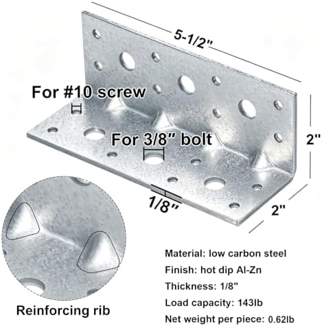 4 Pack Steel L Right Angle Bracket, 5-1/2" x 2" x 2" 90 Degree Corner Brace