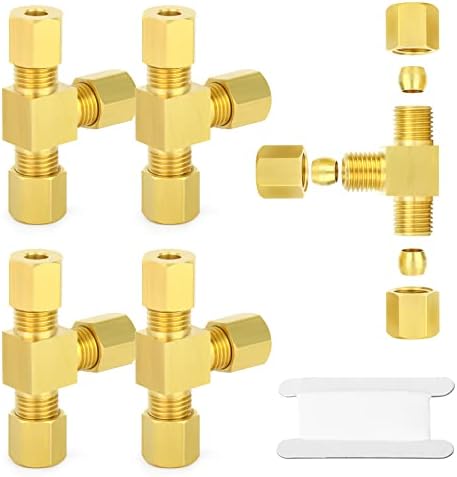 GASHER 5PCS Brass Compression Tube Pipe Fitting Connector, Tee，3/16" x 3/16" x 3/16" Tube OD Connector