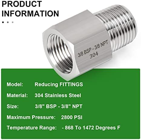 TAISHER 5PCS Forging of 304 Stainless Steel Fitting, Reducer Adapter, 3/8" NPT Male x 3/8" G Thread (BSP) Female