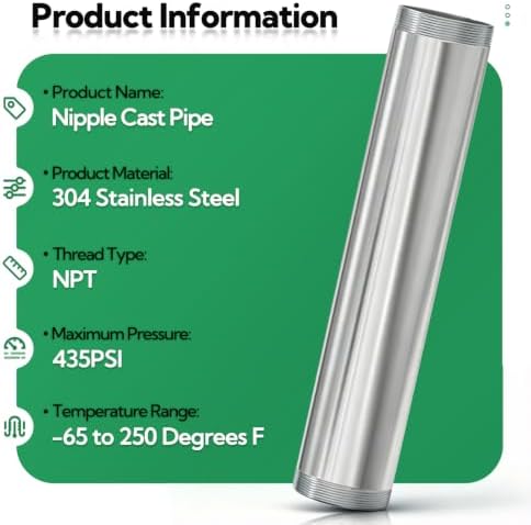 TAISHER 1Pcs 304 SS Nipple Cast Pipe Fitting, 2" NPT Male, 16" Length