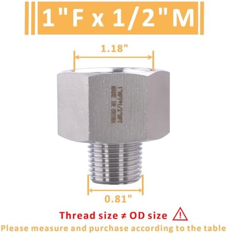 Forged Reducer Adapter Fitting - Stainless Steel 304 Reducing Pipe Connector, 1" NPT Female x 1/2" NPT Male (pack of 5)