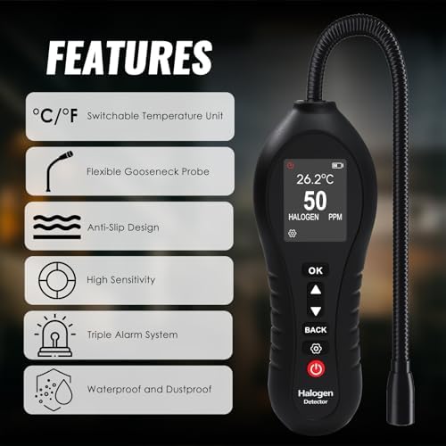 HVAC Refrigerant Leak Detector, Freon Leak Detector, Halogen Gas Sniffer for Air Conditioning & Automotive AC, 0-1000ppm Range with 10-Inch Probe, Detects R12 R22 R134a R410a CFCs HCFCs HFCs