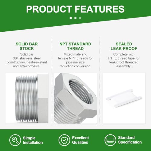 TAISHER 1PCS Forging of 304 Stainless Steel Hex Bushing, 1-1/2" Male NPT to 1" Female NPT, Reducing Cast Pipe Adapter Fitting