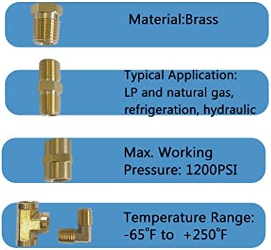 Brass Pipe Fittings, NPT Tee, Hex Head, Hex Nipple, Hex Coupling, 90 Degree Barstock Forged Elbow, Air Hose Fittings, 1/8" 1/4" 3/8" NPT Brass Fittings Kit, for Up to 1200PSI