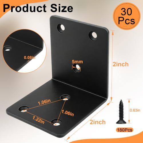 30 Pack Black Angle Brackets, 2" x 2" Heavy Duty Corner Brace, L Shaped Shelf Bracket 90 Degree Metal Corner Bracket for Wood Furniture Cabinets Shelves