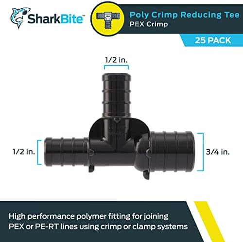 SharkBite 3/4 Inchx 1/2 Inch x 1/2 Inch Poly Crimp Reducing Tee, Pack of 25, PEX Pipe, PE-RT, UP454