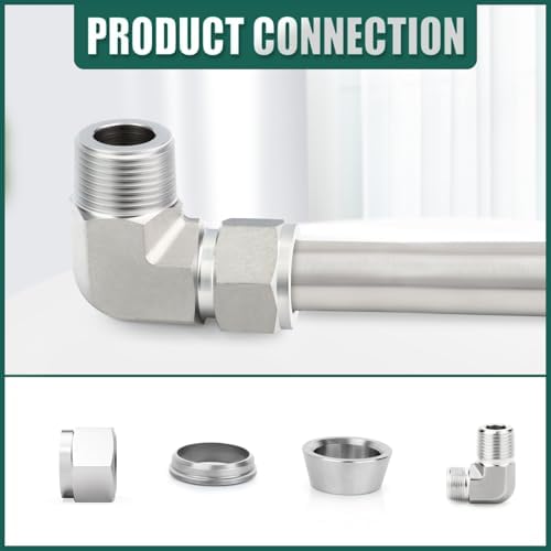316 Stainless Steel 90 Degree Compression Tube Pipe Fitting Connector, 3/8" Tube OD x 3/8" NPT Male Adapter for fuel/air/liquid/oil/gas/vacuum pipelines