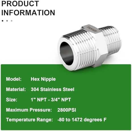 TAISHER 2PCS Forging of 304 Stainless Steel Reducer Hex Nipple, 1" NPT Male x 3/4" NPT Male Pipe Fitting