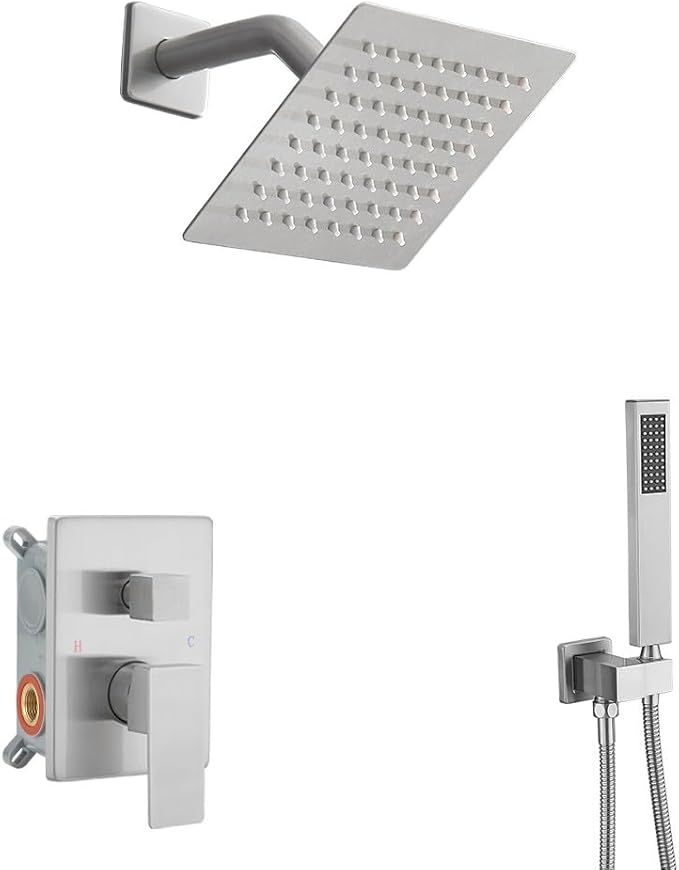 Shower System Brushed Nickel Bathroom Rainfall Shower Faucet Set Complete Wall Mounted 6 Inch Shower Head and Handle Set with Rough-in Valve Body and Trim Kit