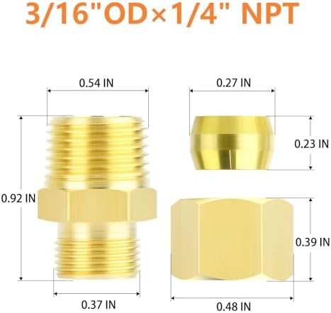 GASHER 5PCS Brass Compression Tube Pipe Fitting Connector, 3/16" Tube OD x 1/4" NPT Male Connector