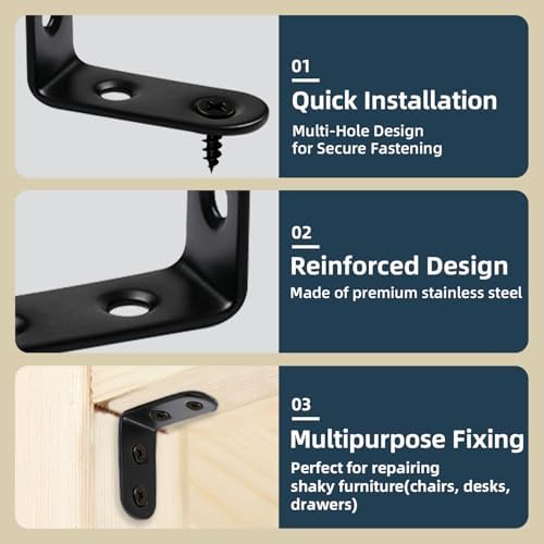 2 Inch L Brackets 10 Pack - 90 Degree Black Corner Braces for Wood Furniture & Shelves - Small L Shape Metal Support Brackets for DIY Home Improvement/ Cabinet & Wall Mounting