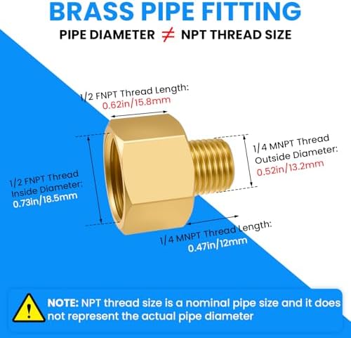SDTC Tech Brass Pipe Fitting 1/4 NPT Thread Male to 1/2 NPT Thread Female
