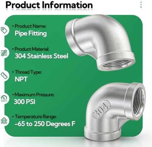 TAISHER 5PCS 304 Stainless Steel 90 Degree Elbow Fittings, 3/8 Inch NPT Female Pipe to 3/8 Inch NPT Female 304 Stainless Pipe Fitting