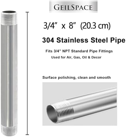 GeilSpace 3/4" x 8" 304 Stainless Steel Nipple Pipe Fitting, NPT Threaded