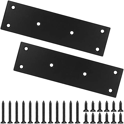 Mending Plate, Metal Steel Flat Straight Brace Bracket, Black Double-Wide Joining Plate for Wood Furniture Fastening & Fixing with 2 Sets of Screws of Different Lengths(48x169mm, 2 Pack)