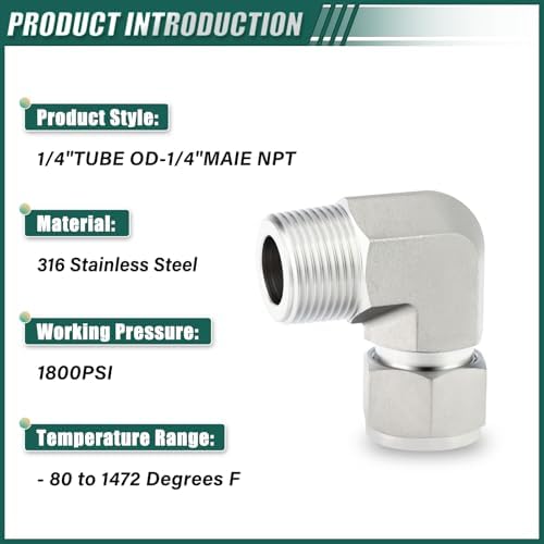 316 Stainless Steel 90 Degree Compression Tube Pipe Fitting Connector, 1/4" Tube OD x 1/4" NPT Male Adapter for fuel/air/liquid/oil/gas/vacuum pipelines