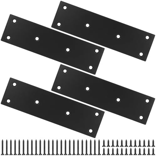 Mending Plate, Black Metal Flat Straight Brace Bracket, Double-Wide Metal Plate, Joining Plate for Wood Furniture Fence Fastening with Screws in 2 Different Lengths (48x169mm, 4 Pack)
