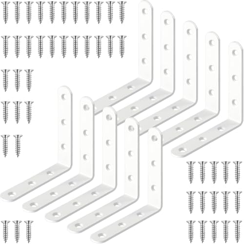 10 Pcs White L Bracket 4 Inch Heavy Duty Stainless Steel Corner Braces, 90 Degree Joint Right Angle Brackets for Wood, Floating Shelf, Cabinet, DIY Frame, with Screws