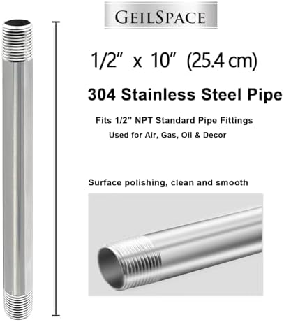 GeilSpace 1/2" x 10" 304 Stainless Steel Nipple Pipe Fitting, NPT Threaded