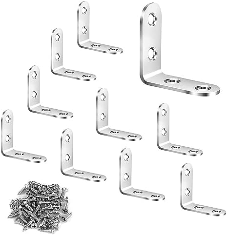 10pcs L Brackets - Corner Brace Set, Heavy Duty Right Angle Brackets (90 Degree) for Wood Shelves & Dressers, Stainless Steel, 40x40mm, Includes 40 Screws