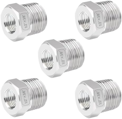 Quickun Stainless Steel Reducing Hex Bushing, 1/2" Male NPT to 3/8" Female NPT, Reducer Bushing Pipe Hose Fitting （Pack of 5）