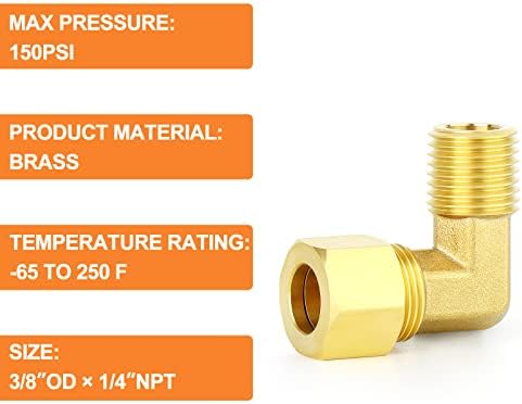 GASHER 10PCS Brass 90 Degree Elbow Compression Tube Pipe Fitting Connector, 3/8" Tube OD x 1/4" NPT Male Connector