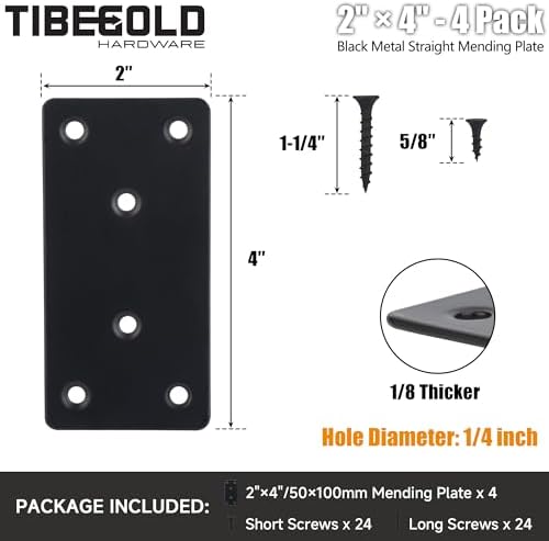 Mending Plate, Black Metal Flat Straight Brace Bracket, Double-Wide Metal Plate, Joining Plate for Wood Furniture Fence Fastening with Screws in 2 Different Lengths (50x100mm, 4 Pack)