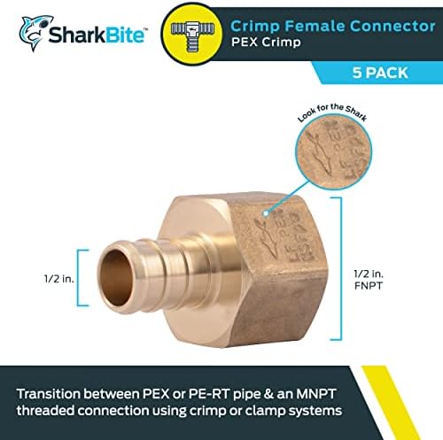 SharkBite 1/2 x 1/2 Inch FNPT Crimp Adapter, Pack of 5, Brass Plumbing Fitting, PEX Pipe, PE-RT, UC072LFA5