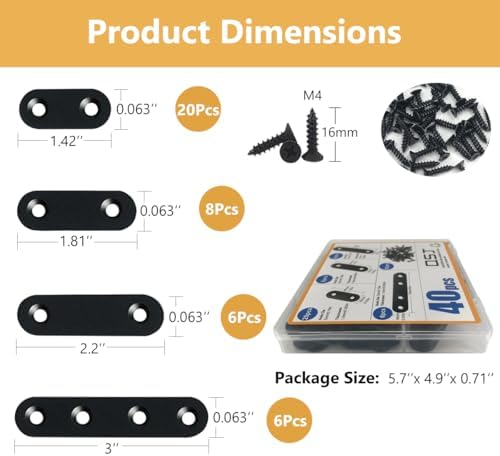 QSJ 40 Pack Black Corner Braces Flat Bracket Set 1.42/1.81/2.2/3inch Stainless Steel Metal Plate for Wood