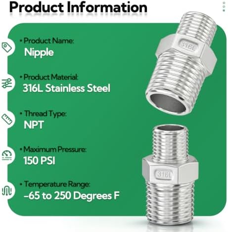 TAISHER 5PCS 316L Hex Nipple, Pipe Fitting 1"x 1/4" Male NPT