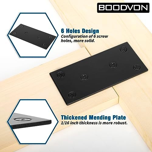 Mending Plate, Metal Steel Flat Straight Brace Bracket, Black Double-Wide Joining Plate for Wood Furniture Fastening & Fixing with 2 Sets of Screws of Different Lengths(48x100mm, 4 Pack)