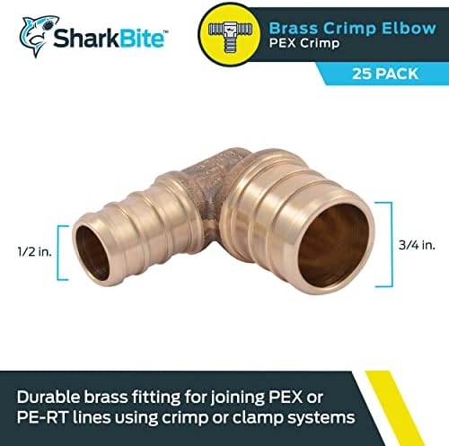SharkBite 1/2 x 3/4 Inch Crimp 90 Degree Reducing Elbow, Pack of 25, Brass Plumbing Fitting, PEX, PE-RT, UC274LF