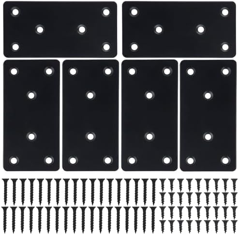 6 Pcs Flat Mending Plate, 1.9''x3.9'' Black Stainless Steel Metal Flat Straight Brace Bracket, Fixing Brace Joining Plates for Furniture, Wood, Shelves, Cabinet with 2 Different Lengths of Screws