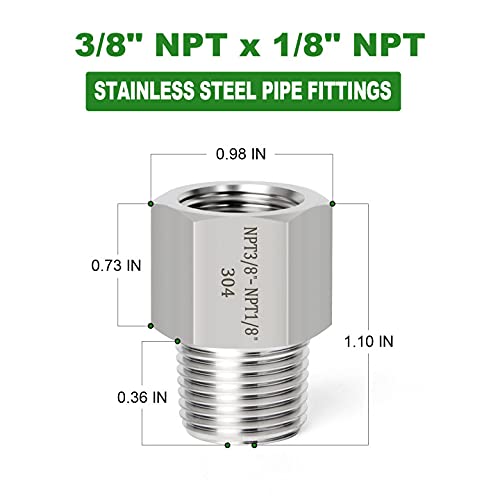 TAISHER 2PCS Forging of 304 Stainless Steel Fitting, Reducer Adapter, 1/8-Inch Male Pipe x 3/8-Inch Female Pipe