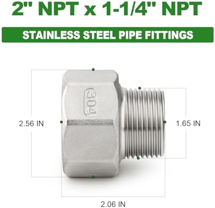 TAISHER 1PCS 304 Stainless Steel Pipe Fitting, Reducer Adapter, 1-1/4" NPT Male x 2" NPT Female