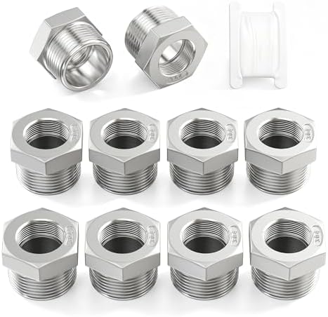 TAISHER 10PCS 304 Stainless Steel Reducer Hex Bushing, 1/4" NPT Male x 1/8" NPT Female, Reducing Pipe Adapter Fitting